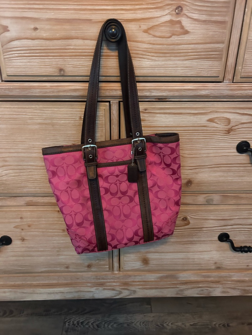 Coach Pink Signature Monogram Tote with Brown Leather Trim